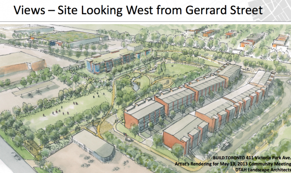 View: Looking west from Gerrard at the proposed Build Toronto development in the Quarry