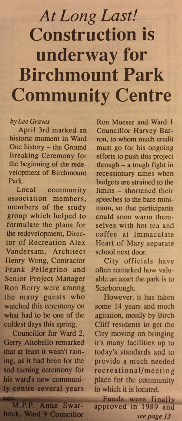 April 3,1993 Birchmount Community Centre ground breaking ceremony