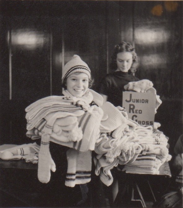 Birch Cliff student shows off knitting for the war effort.