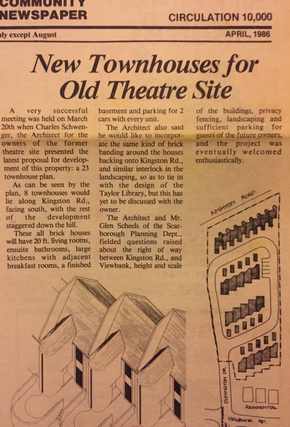 March 20, 1986. Bluffs Monitor article on townhouses to be built on Birch Cliff Theatre site.