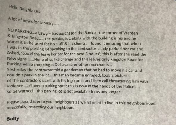 This is the letter taped to the back door of the building by Sally Talbot. It's a copy of the newsletter she sent out earlier this week.